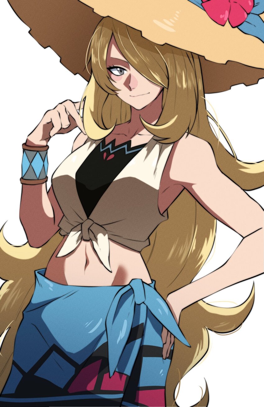 1girl blonde_hair blue_sarong brown_hat closed_mouth collarbone commentary crop_top cynthia_(pokemon) cynthia_(summer_2025)_(pokemon) english_commentary eyelashes grey_eyes hair_over_one_eye hand_on_own_hip hat highres long_hair looking_at_viewer midriff navel nintendo official_alternate_costume pokemon pokemon_masters_ex sarong solo sun_hat thatamaan very_long_hair white_background