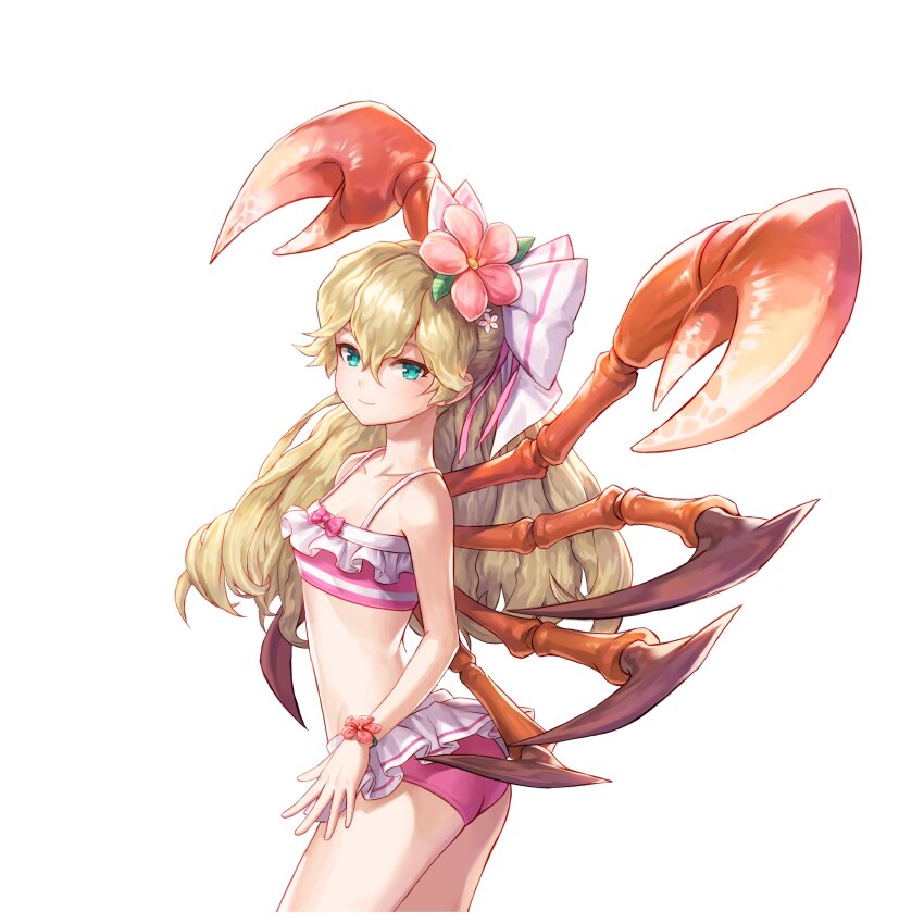 1girl absurdres artist_request bikini bikini_skirt blonde_hair bow bow_bikini bracelet commentary commentary_request cowboy_shot crab_claw english_commentary flat_chest flower flower_bracelet frilled_bikini frills green_eyes hair_flower hair_ornament hair_ribbon highres jewelry king&#039;s_raid korean_commentary long_hair mixed-language_commentary monster_girl official_alternate_costume official_art pink_bikini pink_flower pink_ribbon ponytail ribbon second-party_source swimsuit viska_(king&#039;s_raid) white_bikini white_flower white_ribbon wide_ponytail