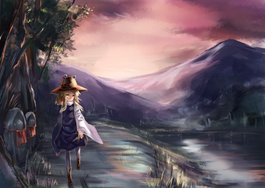 1girl blonde_hair boots cloud dress expressionless female_focus grass hair_ribbon hat highres jizou layered_dress long_sleeves looking_to_the_side moriya_suwako mountain outdoors pantyhose path pink_sky ribbon river road short_hair sidelocks sky solo syukou touhou tree twilight walking white_pantyhose wide_sleeves yellow_eyes