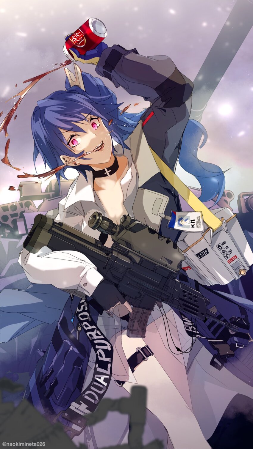 1girl airburst_grenade_launcher assault_rifle black_choker black_gloves blue_hair blue_shorts bolt-action_grenade_launcher bolt_action bullpup burst_fire_gun burst_fire_rifle can carbine choker cola collarbone computerized_scope daewoo_k11 dr_pepper fingerless_gloves girls&#039;_frontline gloves grenade_launcher gun highres holding holding_can holding_gun holding_weapon jacket k11_(girls&#039;_frontline) long_hair long_sleeves looking_at_viewer mineta_naoki multi-weapon multiple-barrel_gun open_clothes open_jacket precision-guided_firearm purple_eyes rifle shirt short-barreled_rifle short_shorts shorts side_ponytail sight_(weapon) smart_scope smile solo telescopic_sight thermal_weapon_sight thigh_strap underbarrel_assault_rifle underbarrel_rifle weapon white_shirt