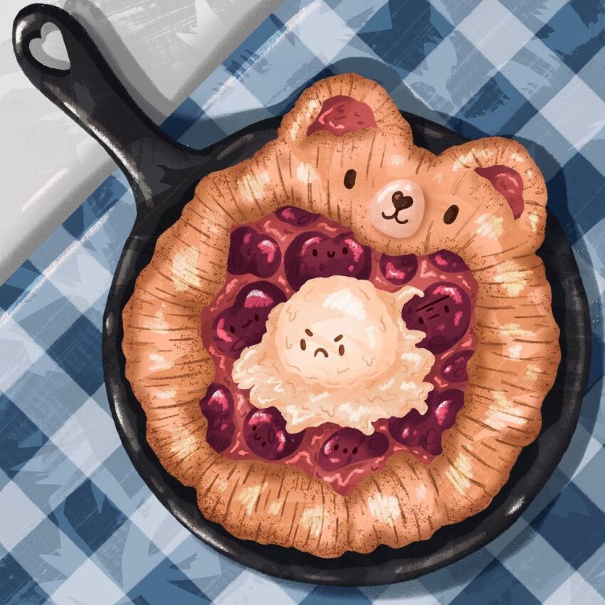 abbey_and_bear animal-themed_food commentary english_commentary food food_focus frying_pan heart ice_cream no_humans original pie plum shadow tablecloth