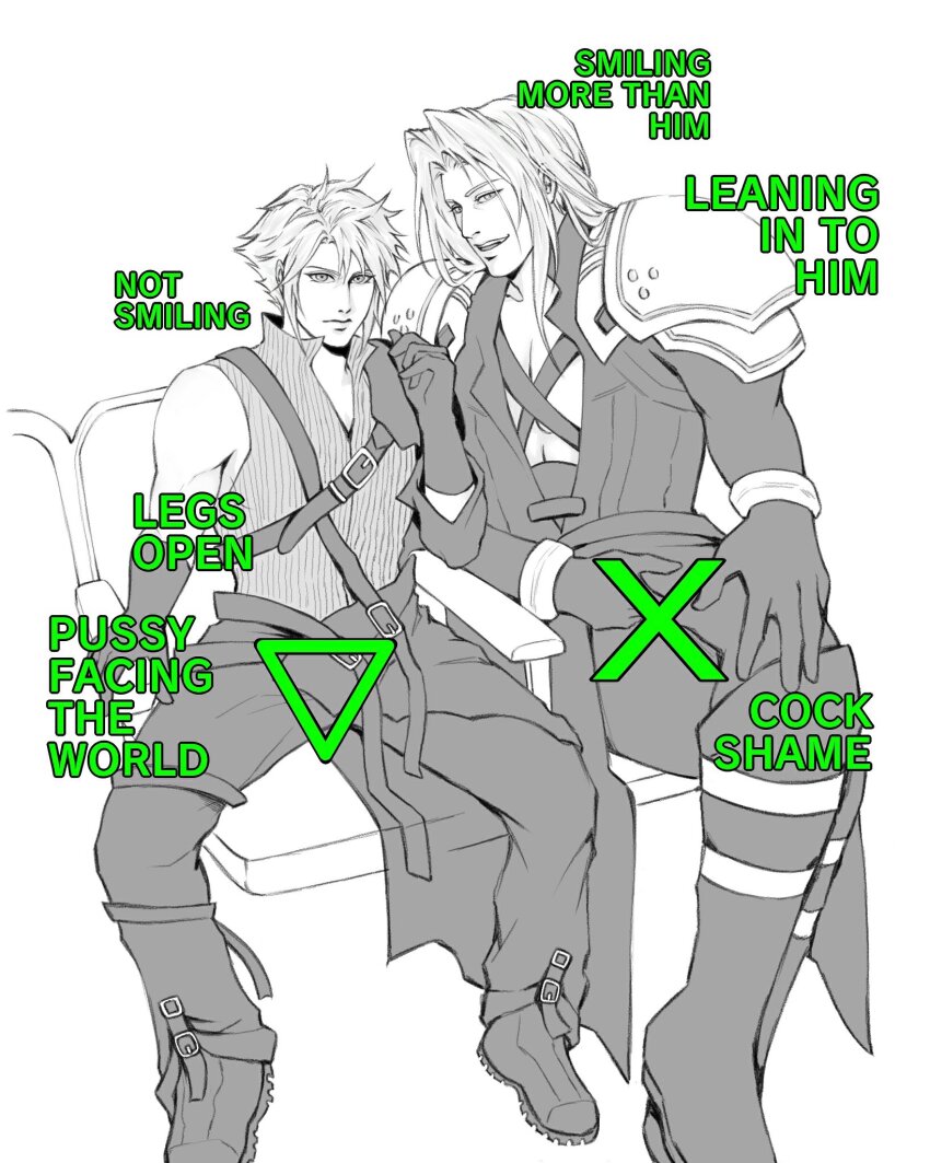 2boys armor black_gloves boots chest_strap closed_mouth cloud_strife english_text felsparks final_fantasy final_fantasy_vii final_fantasy_vii_advent_children gloves green_line_test_(meme) hands_on_legs highres long_hair male_focus manspreading meme multiple_boys pauldrons sephiroth short_hair shoulder_armor sitting smile spiked_hair spread_legs triangle