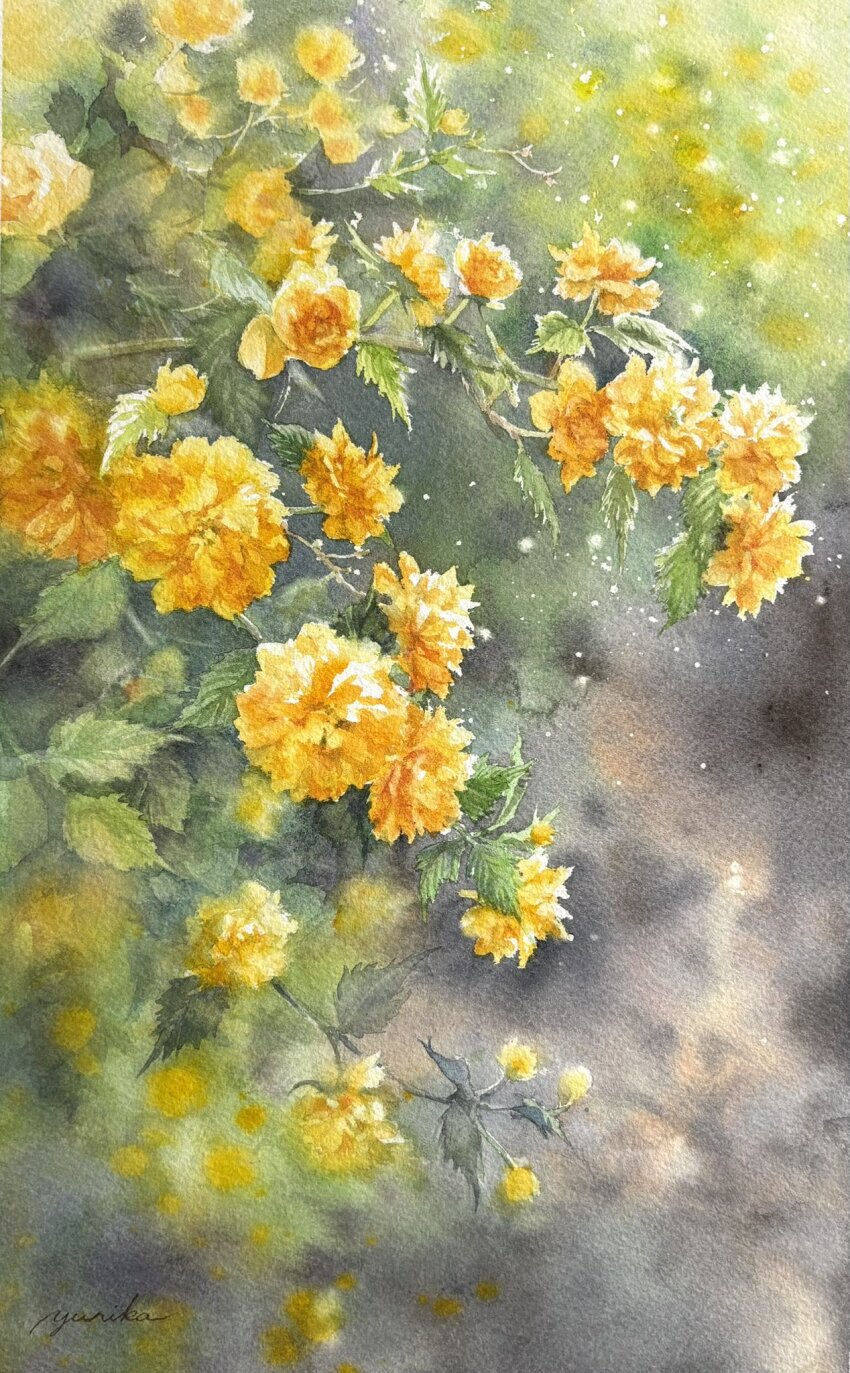 blurry blurry_background flower flower_focus highres leaf no_humans ooy33151086 original painting_(medium) plant plant_focus signature still_life traditional_media watercolor_(medium) yellow_flower