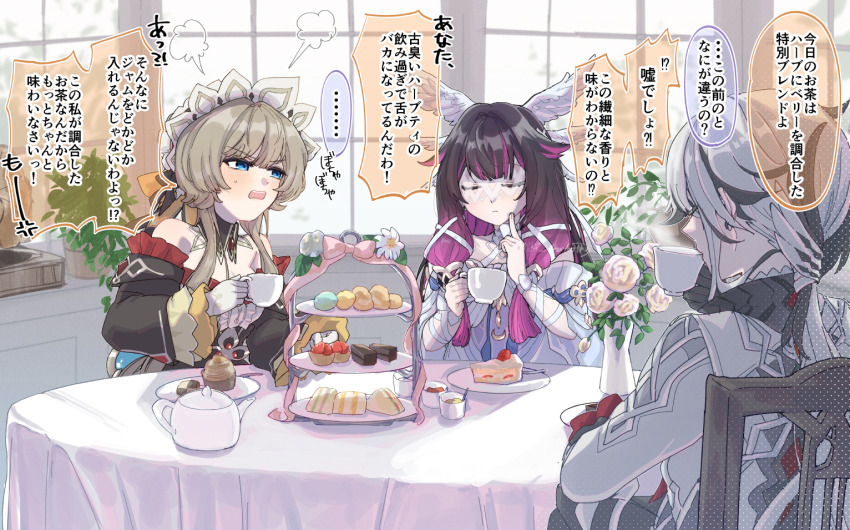 3girls arlecchino_(genshin_impact) black_hair black_sleeves blue_eyes brown_hair cake cake_slice chair closed_eyes closed_mouth coat columbina_(genshin_impact) commentary_request cup cupcake detached_collar detached_sleeves dress drinking eye_mask feathered_wings finger_to_cheek flower food genshin_impact gloves gradient_hair grey_coat head_wings holding holding_cup indoors iwashitsumire long_sleeves looking_at_another mask multicolored_hair multiple_girls multiple_wings on_chair open_mouth pink_hair plant plate potted_plant puff_of_air sandrone_(genshin_impact) short_hair_with_long_locks sitting speech_bubble streaked_hair table tablecloth tea_party teacup teapot tiered_tray translation_request vase white_dress white_gloves white_hair white_headdress white_mask window wings