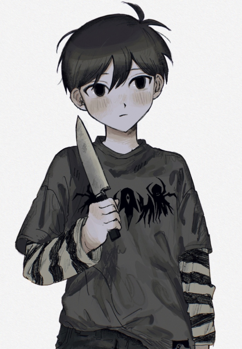 1boy antenna_hair arm_at_side black_eyes black_hair black_shirt closed_mouth commentary_request empty_eyes grey_background grey_shirt hair_behind_ear hair_between_eyes hand_up highres holding holding_knife kitchen_knife knife layered_clothes layered_shirt layered_sleeves long_sleeves male_focus no_pupils omori omori_(omori) sema_(vivaviva_02) shirt shirt_partially_tucked_in short_hair short_over_long_sleeves short_sleeves simple_background solo something_(omori) striped_clothes striped_shirt two-tone_shirt upper_body white_shirt