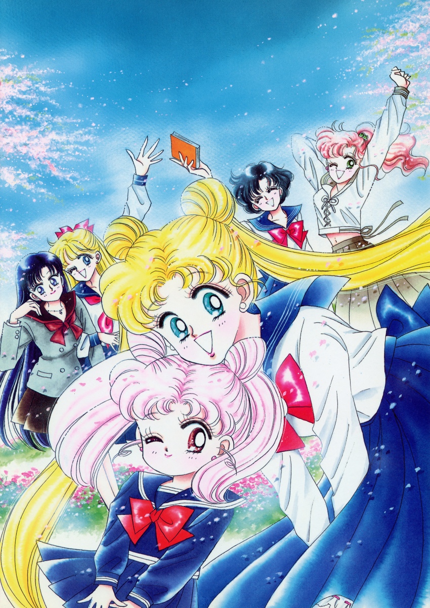 1990s_(style) 6+girls :d ;d ^_^ absurdres aino_minako arm_up artbook bishoujo_senshi_sailor_moon black_hair blonde_hair blue_eyes blue_hair blue_sailor_collar blue_skirt book brown_sailor_collar brown_skirt cherry_tree chibi_usa child closed_eyes closed_mouth cone_hair_bun day double_bun earrings friends grass green_eyes group_picture hair_bun height_difference highres hino_rei holding holding_book incredibly_absurdres jewelry juuban_elementary_school_uniform juuban_middle_school_uniform kino_makoto kino_makoto&#039;s_school_uniform leaning_forward lips locked_arms long_skirt midriff_peek mizuno_ami mother_and_daughter multiple_girls navel necklace non-web_source official_art one_eye_closed open_mouth outdoors pale_skin pink_hair pink_lips ponytail retro_artstyle sailor_collar scan school_uniform shiba_koen_middle_school_uniform skirt sky smile stretching ta_girls_school_uniform takeuchi_naoko_(style) tsukino_usagi