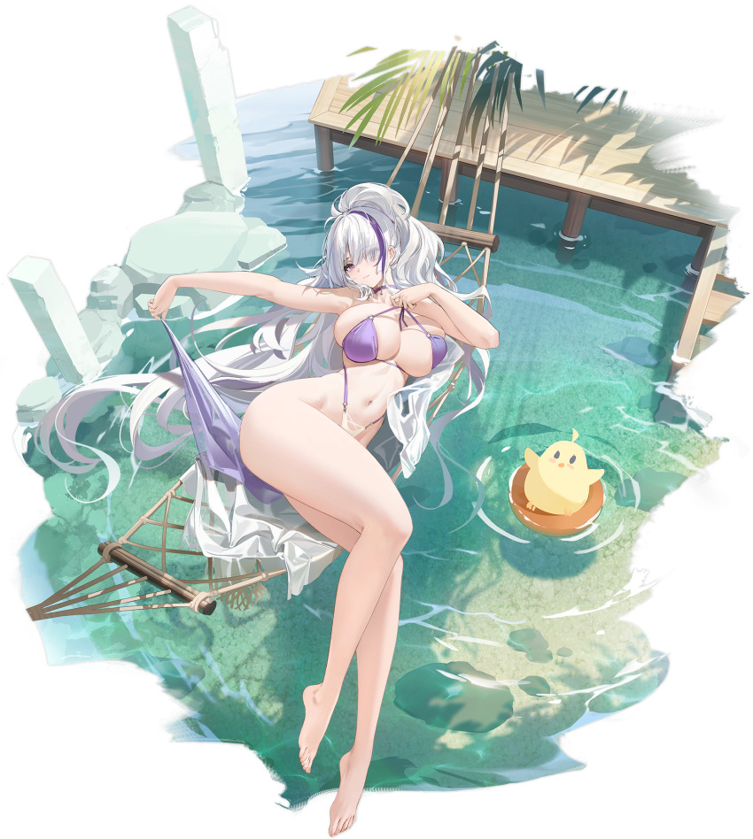 1girl azur_lane bikini breasts day full_body hair_spread_out highres huge_breasts kincora long_hair looking_at_viewer manjuu_(azur_lane) multicolored_hair navel official_alternate_costume official_art outdoors palm_tree pulling_own_clothes purple_bikini purple_eyes purple_hair skindentation solo strap_pull streaked_hair summer swimsuit tree two-tone_hair unzen_(azur_lane) unzen_(sojourn_through_clear_seas)_(azur_lane) very_long_hair water white_hair