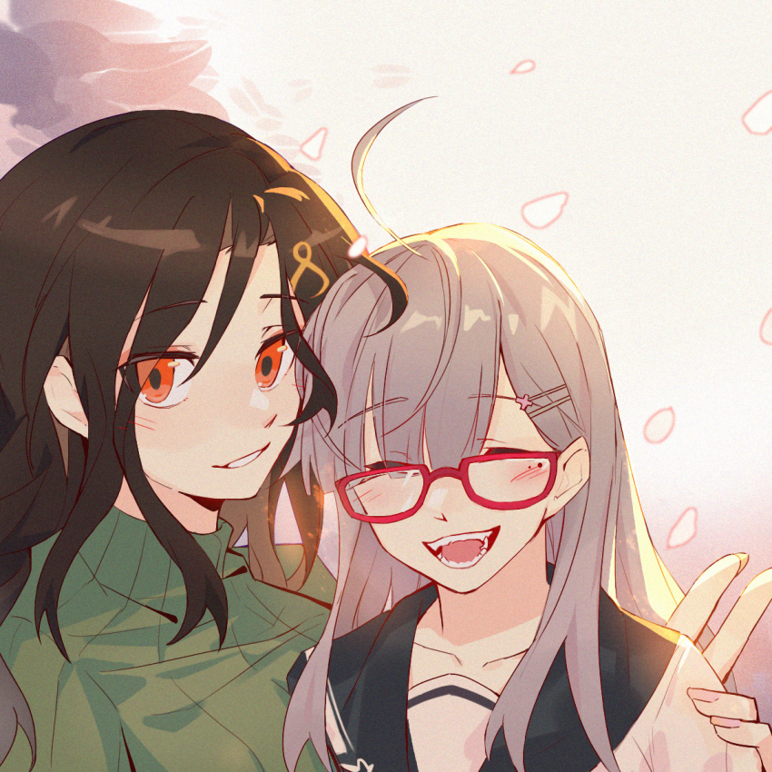ahoge blush braid breasts couple glasses green_sweater grey_hair hair_ornament hair_over_one_eye highres large_breasts long_braid long_hair looking_at_viewer mole mole_under_eye nijisanji open_mouth orange_eyes ribbed_sweater school_uniform serafuku shirayuki_tomoe shirayuki_tomoe_(1st_costume) shirt single_braid smile sukoya_kana sukoya_kana_(3rd_costume) sweater virtual_youtuber white_hair ximuye yuri