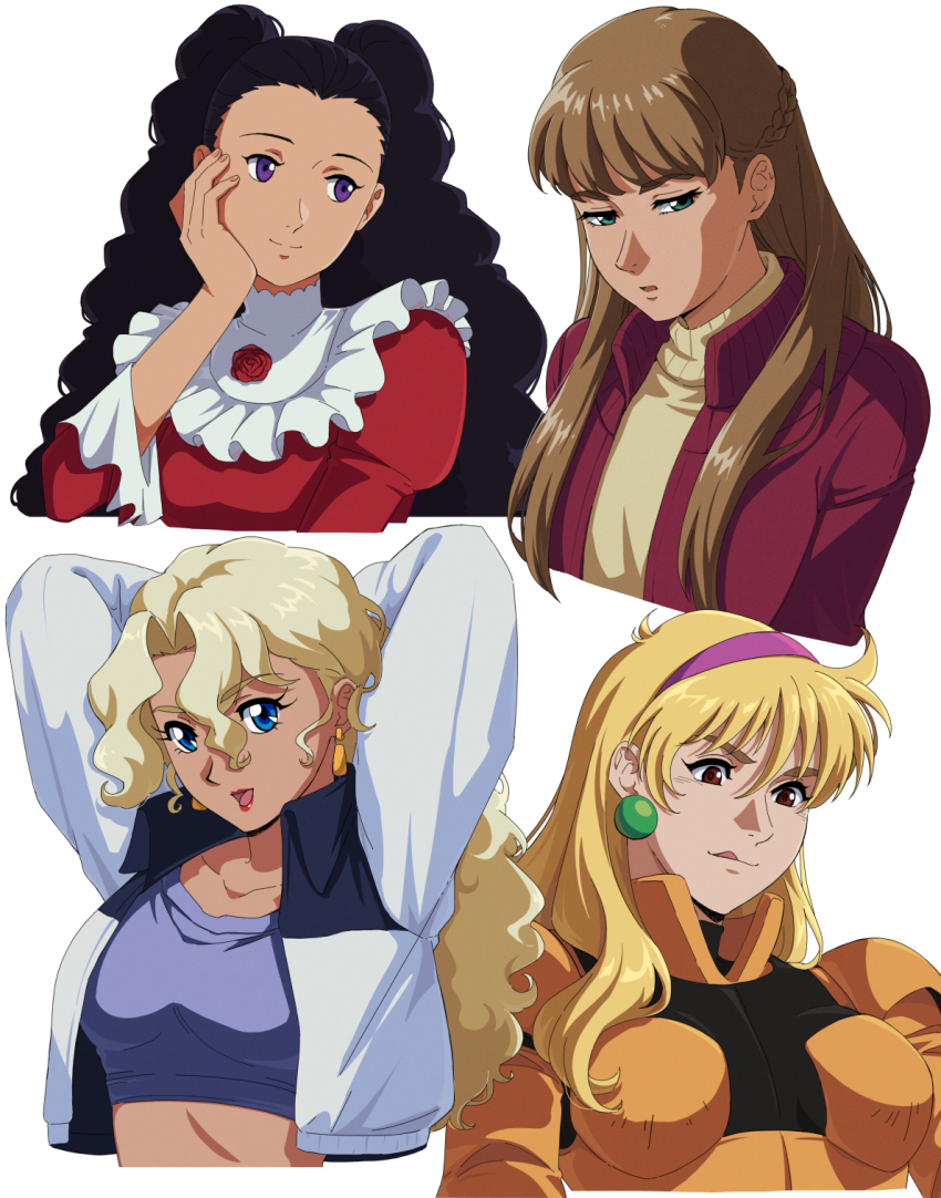 4girls :q after_war_gundam_x arms_behind_head black_hair blonde_hair blue_eyes bodysuit breasts brown_eyes brown_hair brown_sweater closed_mouth commentary crop_top cropped_jacket cropped_torso curly_hair dark-skinned_female dark_skin dress earrings enelous english_commentary green_eyes gundam gundam_wing hair_between_eyes hair_over_shoulder hairband hand_on_own_cheek hand_on_own_face highres jacket jewelry katejina_loos lily_borjarnon long_hair looking_at_viewer looking_to_the_side mecha_pilot_suit medium_breasts multiple_girls normal_suit_(gundam) open_mouth orange_bodysuit parted_lips pink_hairband purple_eyes red_dress red_jacket red_lips relena_peacecraft simple_background smile sphere_earrings sweater tongue tongue_out toniya_malme turn_a_gundam victory_gundam white_background white_jacket