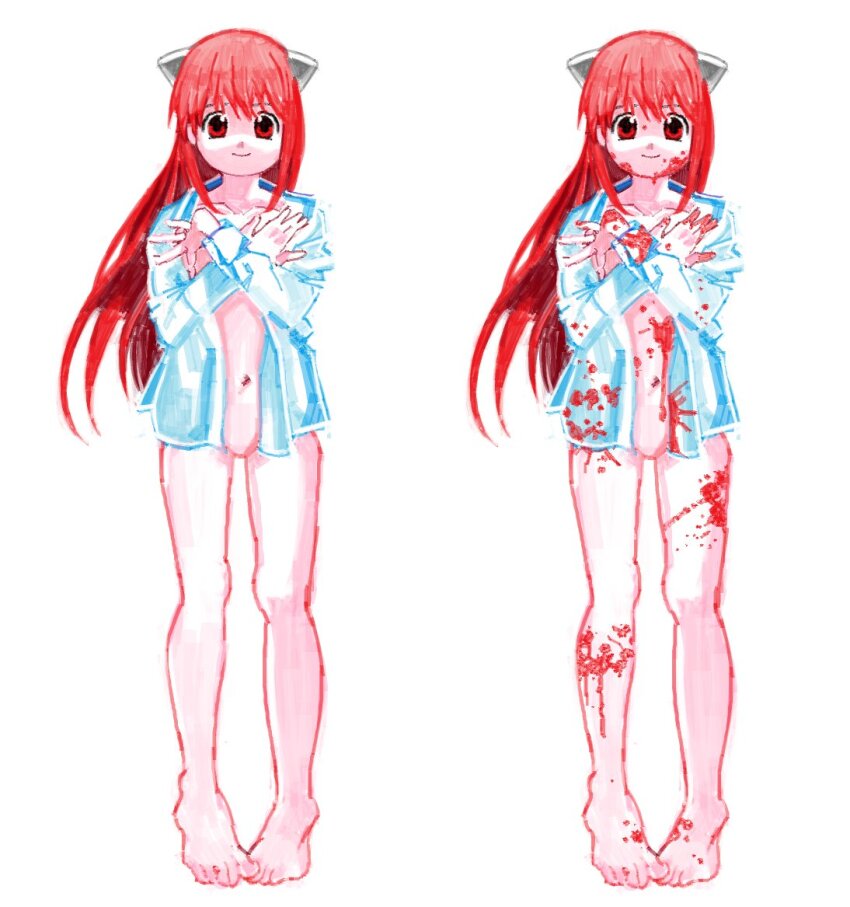 1girl avvunka barefoot blood blood_on_arm blood_on_body blood_on_clothes blood_on_face blood_on_feet blood_on_hands blood_on_leg blood_splatter collarbone commentary elfen_lied feet lucy_(elfen_lied) no_pussy open_clothes open_shirt red_eyes red_hair smile toes white_background