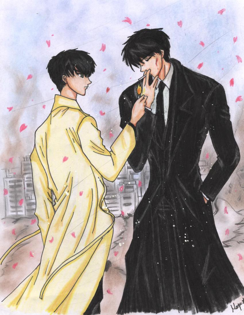 1990s_(style) black_hair highres sakurazuka_seishirou short_hair smoking sumeragi_subaru tokyo_babylon x_(manga)