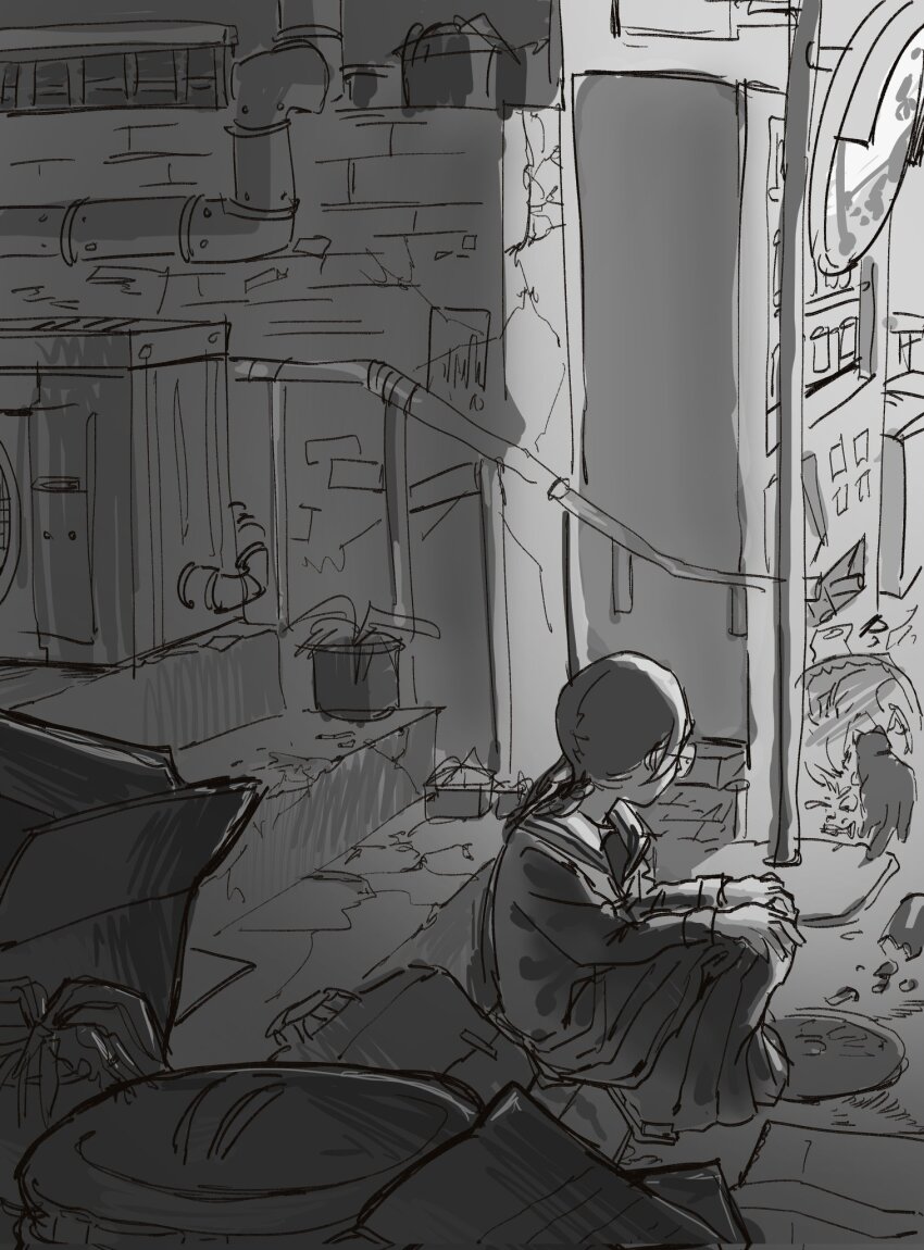 1girl black_serafuku black_skirt braid cat danganronpa:_trigger_happy_havoc danganronpa_(series) fukawa_toko glasses hamuseutta highres industrial_pipe long_hair long_skirt long_sleeves monochrome outdoors plant potted_plant railing round_eyewear sailor_collar school_uniform serafuku sitting skirt solo stairs suitcase trash trash_bag trash_can twin_braids vending_machine