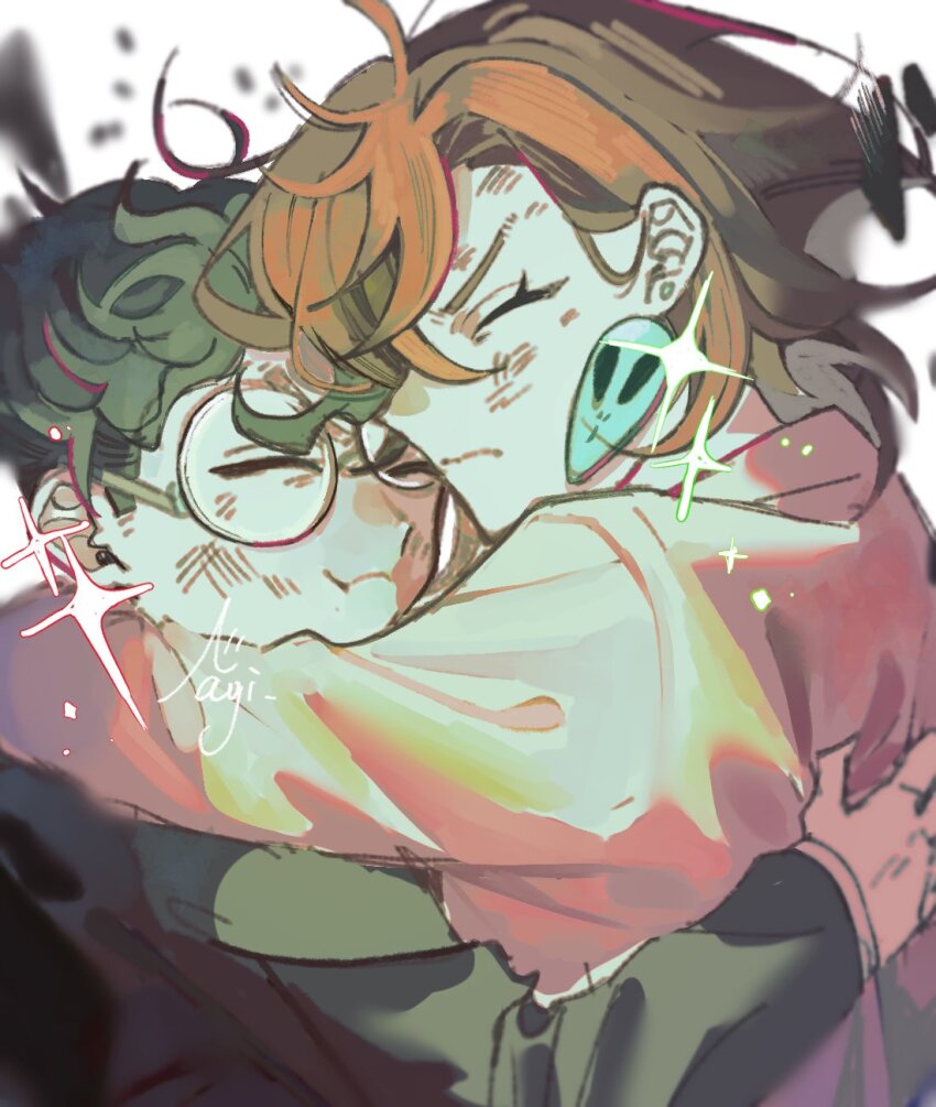1boy 1girl alien arm_around_back arm_around_neck ayase_momo battle_damage black_hair black_jacket brown_hair bruise bruise_on_face closed_eyes closed_mouth commentary dandadan debris earrings from_side gakuran glasses glint hair_behind_ear hand_on_another&#039;s_back heads_together highres hug injury jacket jewelry kami_high_school_uniform long_sleeves n_nagi3 pink_sweater profile round_eyewear school_uniform short_hair signature sweater takakura_ken_(dandadan) upper_body