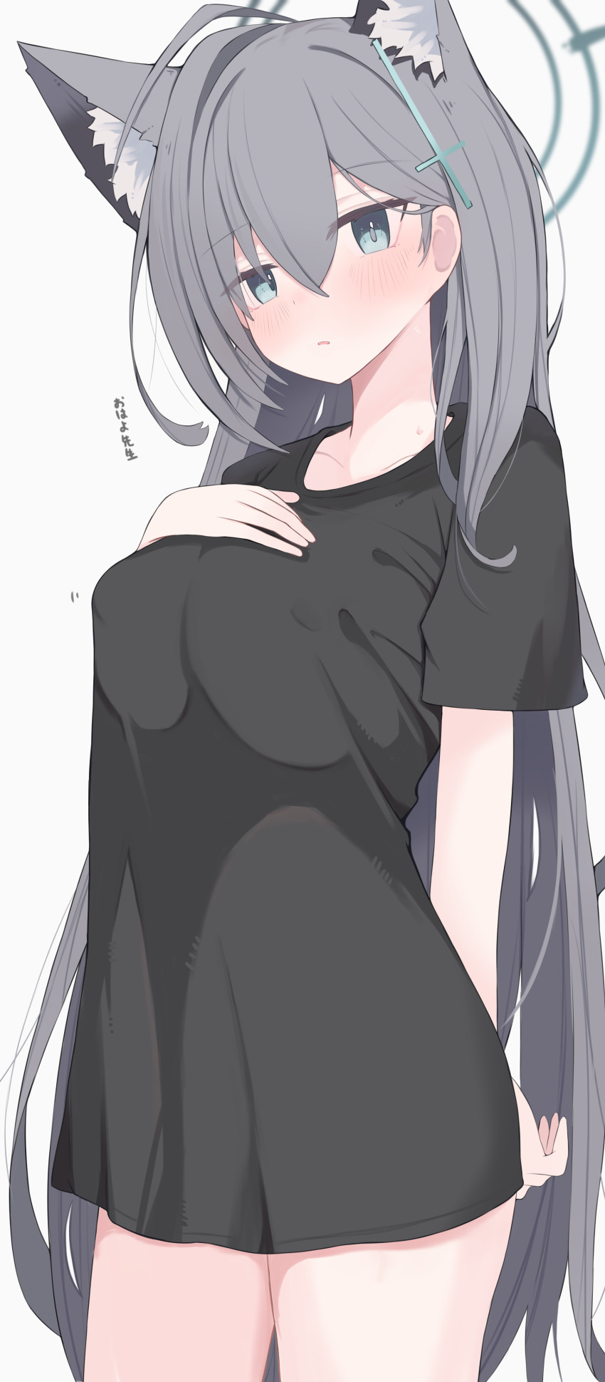 1girl absurdres animal_ear_fluff animal_ears black_shirt blue_archive blue_eyes blush breasts commentary_request cross_hair_ornament extra_ears grey_hair hair_ornament highres large_breasts long_hair looking_at_viewer mismatched_pupils nui_(nuinui0300) shiroko_(blue_archive) shiroko_terror_(blue_archive) shirt short_sleeves solo sweat t-shirt thighs wolf_ears wolf_girl
