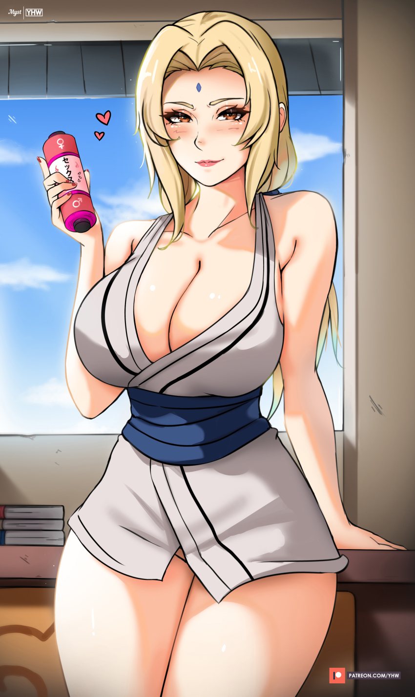 1girl absurdres bare_shoulders blonde_hair blush book bottomless breasts brown_eyes cleavage closed_mouth collarbone cowboy_shot desk facial_mark forehead_mark hair_intakes highres holding holding_scroll japanese_clothes large_breasts lips mature_female mystyhw nail_polish naruto naruto_(series) obi sash scroll shirt solo thighs tsunade_(naruto) white_shirt window