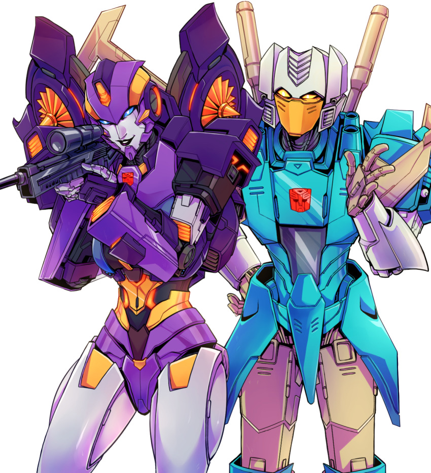 1boy 1girl aiming autobot blue_eyes brainstorm_(transformers) commentary commission dataglitch english_commentary gun hand_on_own_hip highres holding holding_gun holding_weapon nautica_(transformers) open_hand the_transformers_(idw) transformers visor weapon white_background