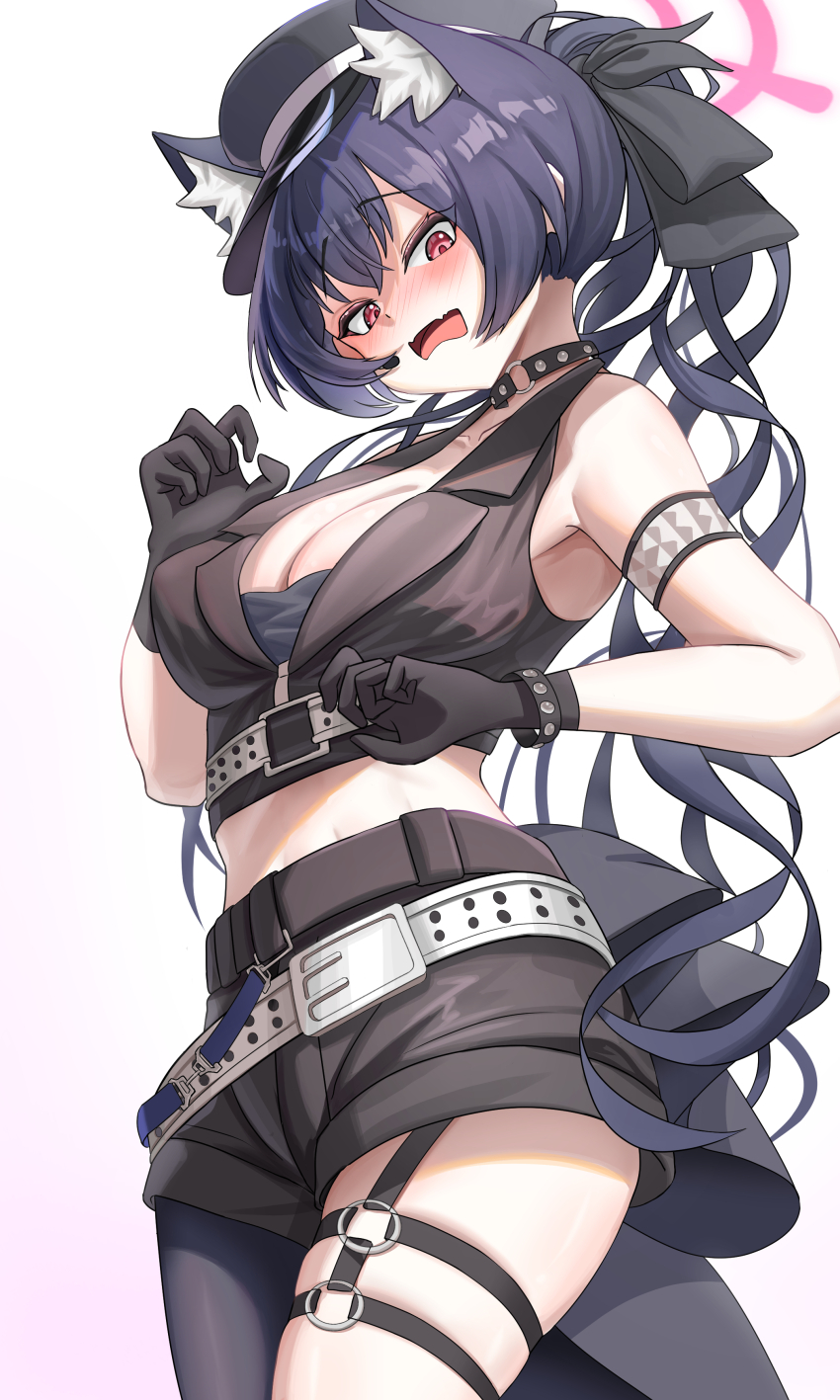 1girl absurdres animal_ear_fluff animal_ears bare_shoulders black_bra black_choker black_gloves black_hair black_hat black_ribbon black_shorts black_vest blue_archive blush bra breasts cat_ears cat_girl choker cleavage cropped_vest fangs gloves hair_between_eyes hair_ribbon hat highres large_breasts long_hair looking_at_viewer open_mouth peaked_cap ponytail red_eyes ribbon serika_(blue_archive) serika_(idol)_(blue_archive) short_shorts shorts sidelocks single_leg_pantyhose solo tangerine_(wbdbsqkfgyul) thigh_strap underwear vest