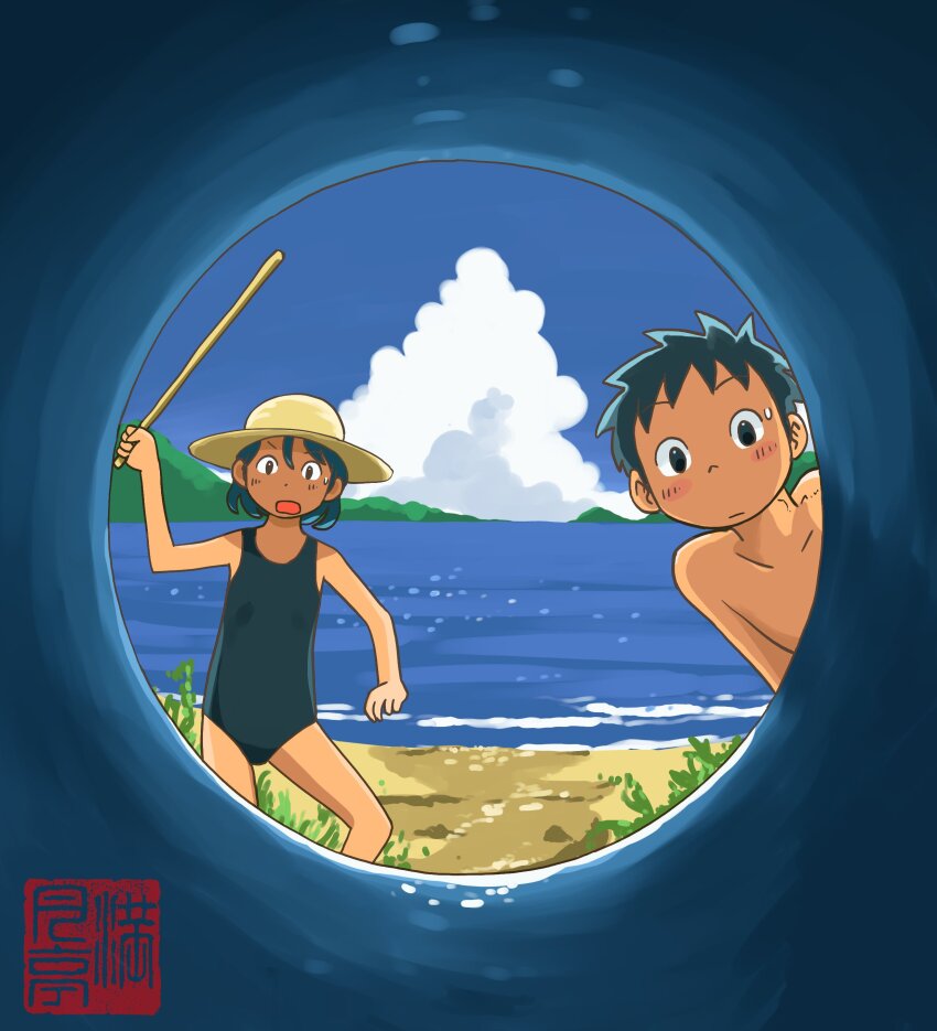 1boy 1girl absurdres black_eyes black_hair black_one-piece_swimsuit closed_mouth cloud commentary_request cumulonimbus_cloud day dot_nose hat highres holding holding_stick leaning_to_the_side mangetsutei_sakana one-piece_swimsuit open_mouth original outdoors shore short_hair stick sweatdrop swimsuit water