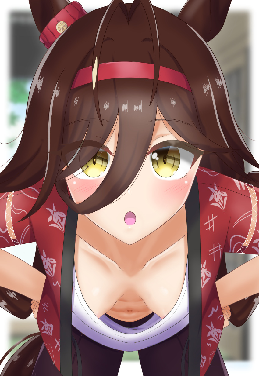 1girl absurdres animal_ears antenna_hair bent_over blurry blurry_background blush breasts casual collarbone commentary_request downblouse green_eyes hairband highres horse_ears horse_girl kusarigama_sshimi leaning_forward looking_at_viewer low_twintails navel no_reason_(umamusume) open_mouth small_breasts textless_version twintails umamusume