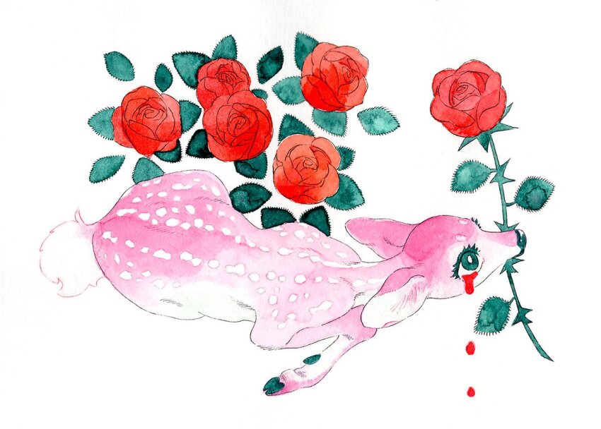animal animal_focus blood bloody_tears bright_pupils closed_mouth color_contrast colored_eyelashes commentary crying deer fawn fleebites flower flower_in_mouth full_body green_eyes limited_palette looking_up lying no_humans original painting_(medium) pastel_colors pink_fur red_flower red_rose rose simple_background symbol-only_commentary tears thorns traditional_media watercolor_(medium) white_background white_pupils