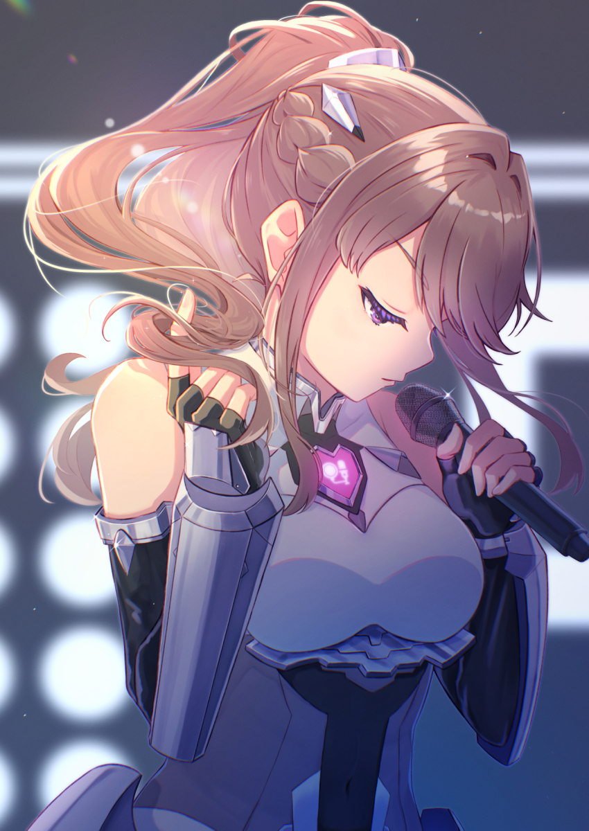 1girl black_bow black_gloves blurry blurry_background bow braid breasts brown_hair closed_mouth commentary_request fanfare!!!_(love_live!) fingerless_gloves fujishima_megumi gloves half_up_braid highres holding holding_microphone holding_own_hair index_finger_raised link!_like!_love_live! long_hair long_sidelocks love_live! macken666 medium_breasts microphone now_or_never_(love_live!) ponytail purple_eyes sidelocks solo upper_body virtual_youtuber