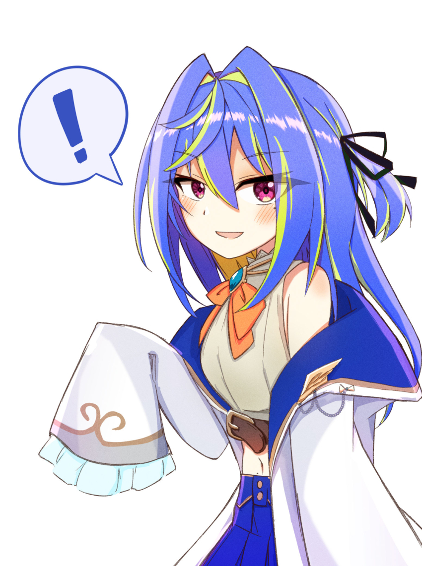 ! belt black_ribbon blue_brooch blue_hair blue_skirt blush bow bowtie breasts brown_belt buttons chest_belt coat commentary_request cowboy_shot crop_top frilled_sleeves frills green_hair grey_background grey_shirt hair_between_eyes hair_intakes hair_ribbon highres hiyoku_no_crosspiece long_bangs long_hair long_sleeves looking_at_viewer midriff mole mole_under_eye multicolored_hair nanashi_inc. navel open_clothes open_coat open_mouth orange_bow orange_bowtie pink_eyes ribbon salmon231 shirt simple_background skirt sleeves_past_fingers sleeves_past_wrists small_breasts smile solo spoken_exclamation_mark striped_clothes striped_shirt suzumi_nemo suzumi_nemo_(1st_costume) two-tone_hair two_side_up vertical-striped_clothes vertical-striped_shirt virtual_youtuber white_coat