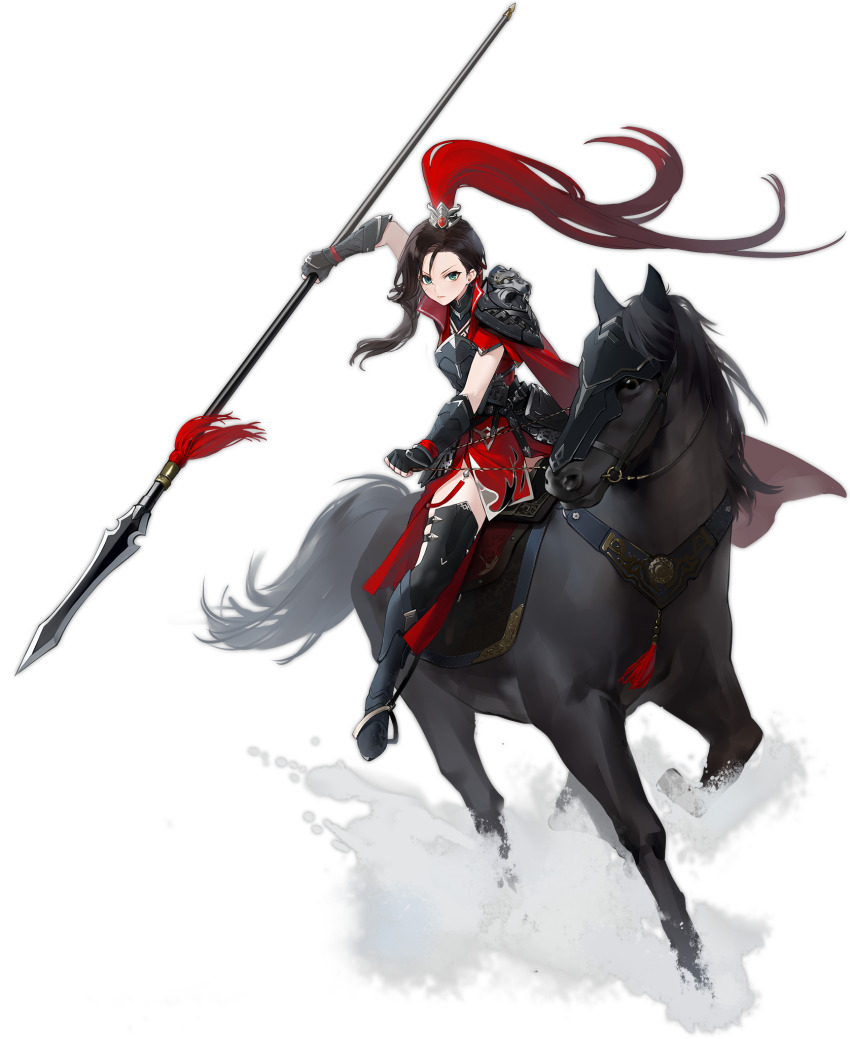 1girl armor azur_lane black_hair black_thighhighs cape full_body green_eyes highres holding holding_weapon horse looking_at_viewer official_alternate_costume official_art pennsylvania_(azur_lane) pennsylvania_(the_keystone_general)_(azur_lane) polearm spear suisai_(suisao) thighhighs transparent_background weapon