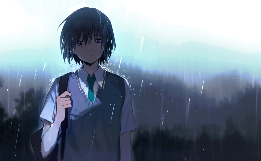 1boy aqua_necktie bag bare_arms black_bag black_hair blue_vest chinese_commentary closed_mouth cloud cloudy_sky collared_shirt commentary_request day expressionless forest hair_between_eyes highres holding holding_bag kitakawayui light_frown looking_at_viewer male_focus nature necktie oshii_yuu outdoors purple_eyes rain school_bag school_uniform shirt short_hair short_sleeves sky solo upper_body v-neck vest watashi_no_real_wa_juujitsu_shisugiteiru wet white_shirt