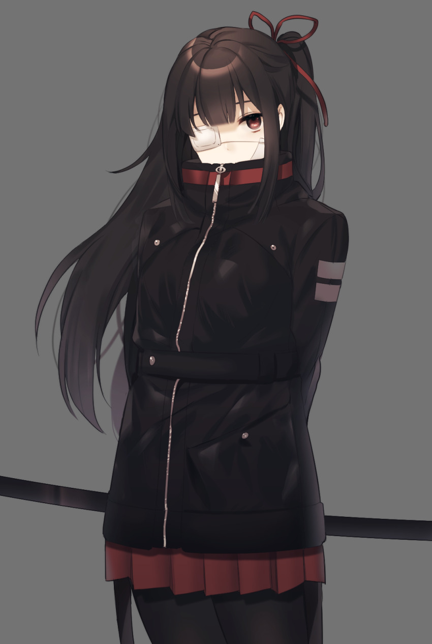 1girl ap5ry black_hair black_pantyhose eyepatch grey_background hair_ribbon half_updo highres library_of_ruina long_hair looking_at_viewer medical_eyepatch pantyhose pleated_skirt project_moon red_ribbon red_skirt ribbon shi_association_south_uniform sidelocks simple_background skirt solo tenma_(project_moon) very_long_hair