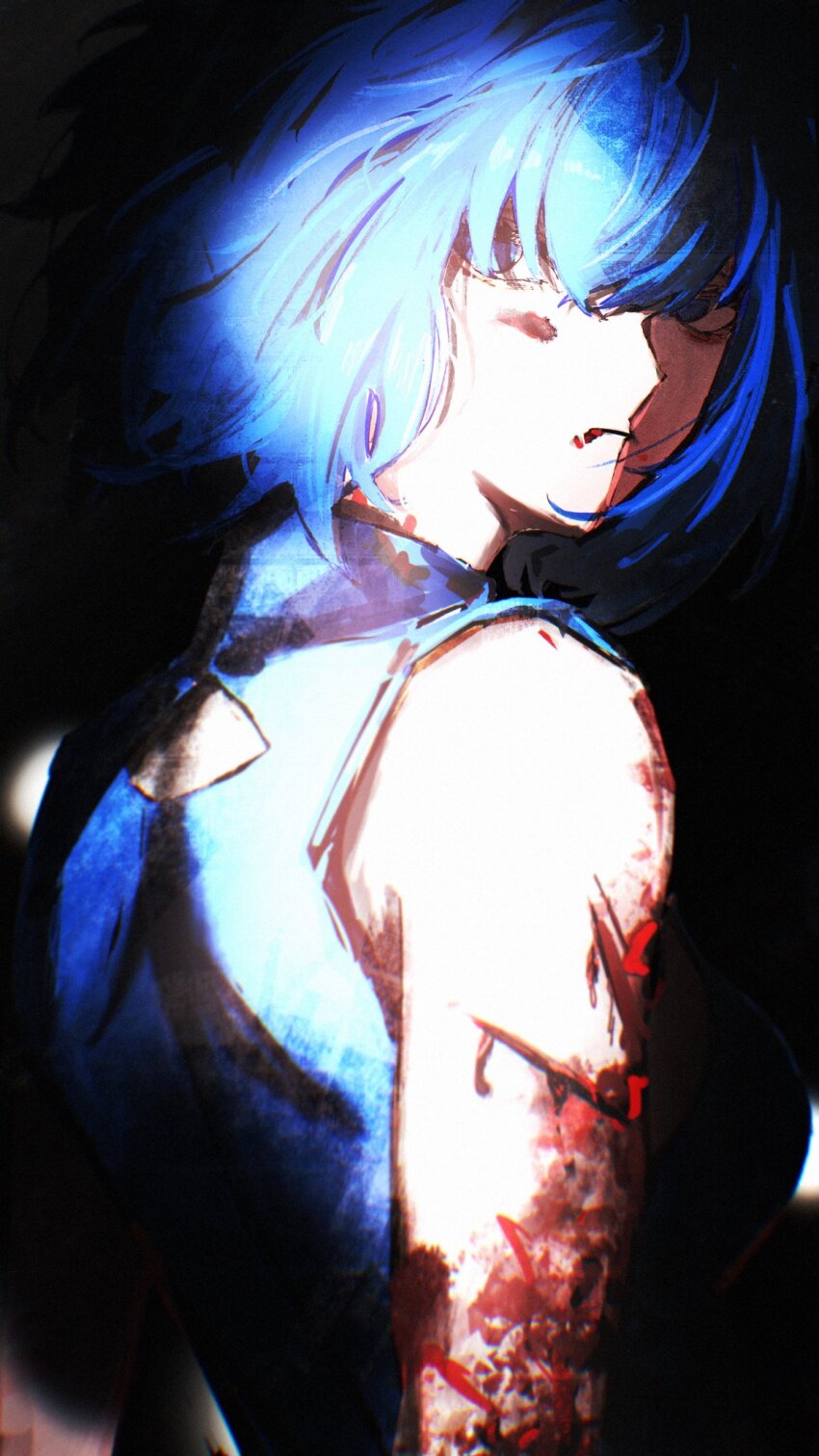 blood blood_from_mouth blood_on_clothes blood_on_face blue_eyes blue_hair ciel_(tsukihime) highres looking_back powered_ciel simple_background tsukihime tsukihime_(remake)