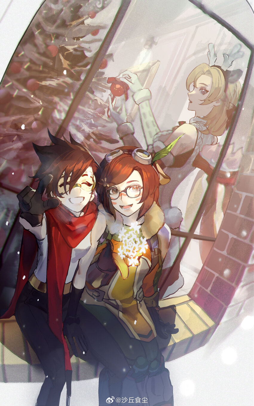 3girls ^_^ absurdres animal_ear_headwear animal_ears antlers asymmetrical_hair back bare_shoulders black-framed_eyewear black_gloves black_hair black_pants black_shirt blonde_hair bow bowtie breasts brick brown_eyes brown_hair character_request chinese_commentary christmas christmas_ornaments christmas_tree closed_eyes commentary_request deer_ears deer_tail detached_sleeves eyelashes facial_mark fake_animal_ears fake_tail feet_out_of_frame fur-trimmed_jacket fur-trimmed_sleeves fur_trim glasses gloves goggles goggles_on_head grey-framed_eyewear grey_jacket grin hair_between_eyes halter_shirt halterneck happy high-waist_pants highres holding_ornament holding_snowflake horns indoors jacket leaf leaf_on_head living_room long_sleeves looking_at_viewer lower_teeth_only marking_on_cheek mechanical_legs medium_breasts medium_hair multiple_girls open_mouth orange_gloves outdoors outstretched_hand overwatch painting_(object) pants pointing pointing_at_viewer red_bow red_bowtie red_scarf reindeer_antlers round_eyewear scarf shaqiu_shichen shirt short_hair sitting_in_window sleeveless sleeveless_sweater smile snow snowflakes snowing sunglasses sweater tail teeth turtleneck turtleneck_sweater two-tone_gloves upper_teeth_only watermark weibo_watermark whisker_markings white_gloves white_shirt white_sleeves white_sweater