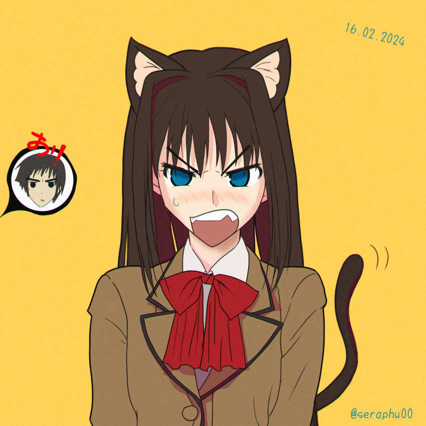 1boy 1girl angry animal_ears aozaki_aoko black_eyes black_hair blue_eyes blush bow breasts brown_hair cat_ears cat_tail hair_intakes highres long_hair long_sleeves looking_at_viewer mahou_tsukai_no_yoru open_mouth red_bow school_uniform seraphu00 shirt shizuki_soujuurou short_hair signature simple_background speech_bubble tail type-moon yellow_background