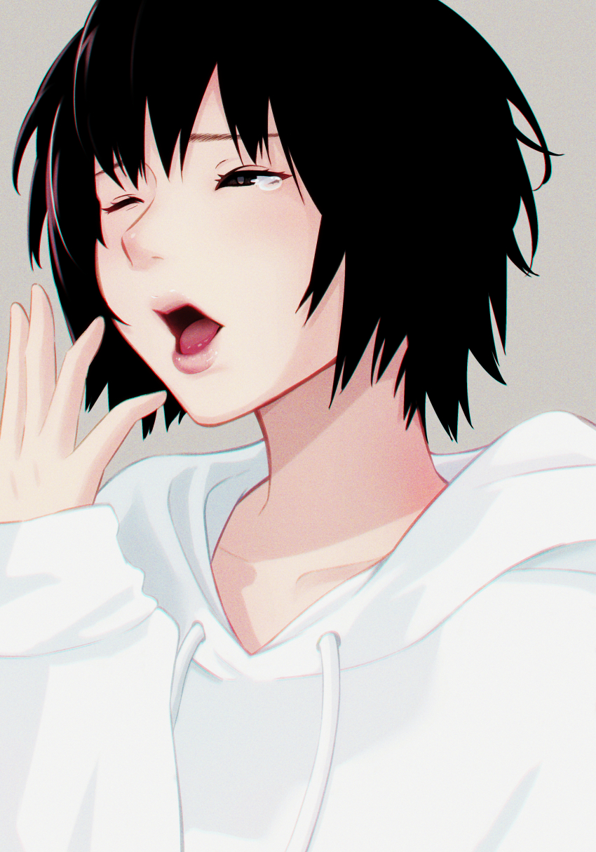 absurdres amagami black_eyes black_hair close-up commentary drawstring eyelashes highres hood hood_down hoodie lips looking_afar looking_ahead messy_hair nanasaki_ai nose one_eye_closed open_mouth oshizu pink_lips portrait short_hair sleepy tearing_up tongue waking_up white_hoodie yawning