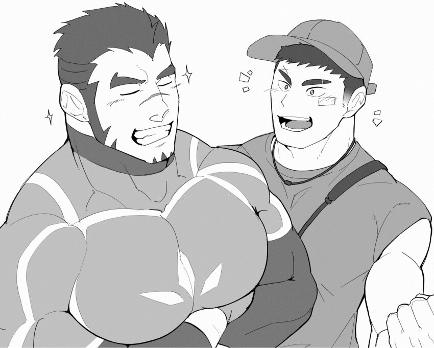 2boys :d akashi_(live_a_hero) bandaid bara baseball_cap character_request check_character clenched_hand crossed_arms eyebrow_cut greyscale happy_aura hat highres kansuke_(kansuke_717) large_pectorals live_a_hero long_sideburns male_focus male_protagonist_(live_a_hero) monochrome multiple_boys muscular muscular_male open_mouth pectoral_lift pectorals scar scar_on_face scar_on_nose short_hair sideburns smile sparkle thick_eyebrows thick_neck thighs upper_body