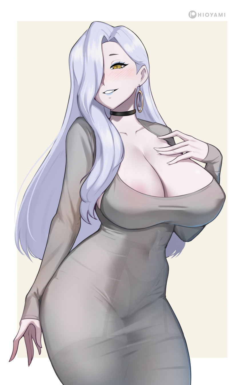 1girl absurdres black_choker blue_eyeshadow blue_lips breasts choker cleavage covered_navel curvy dress earrings eyeshadow fate/grand_order fate_(series) grey_dress highres hioyami hoop_earrings huge_breasts jewelry long_sleeves makeup mrs._snake_(fate) panties_visible_through_clothes parted_lips slit_pupils solo tight_clothes tight_dress white_hair yellow_eyes