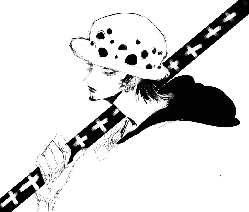 1boy black_lips earrings expressionless eyeshadow facial_hair from_side fur_hat goatee hat hems_worth highres holding holding_weapon hood jewelry looking_up lpis makeup male_focus monochrome nose one_piece panther_print short_hair sideburns simple_background solo trafalgar_law weapon white_background