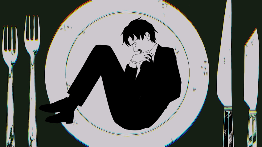 1boy bitter_choco_decoration_(vocaloid) closed_eyes collared_shirt crying fork greyscale highres jacket kitaku_(ienikaeru) knife library_of_ruina long_sleeves male_focus monochrome necktie on_plate open_mouth plate project_moon roland_(project_moon) shirt shoes socks solo