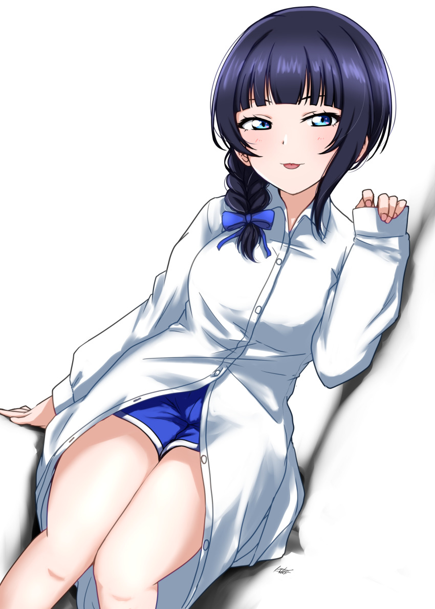 1girl absurdres asaka_karin blue_eyes braid highres long_sleeves looking_at_viewer love_live! love_live!_nijigasaki_high_school_idol_club medium_hair noochan_chonoda single_braid solo tokimeki_no_mirai_chizu tongue