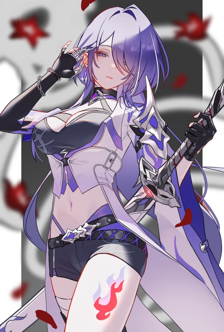 1girl acheron_(honkai:_star_rail) asymmetrical_gloves bandaged_leg bandages belt black_belt black_gloves black_shorts breasts chain closed_mouth cowboy_shot crop_top elbow_gloves fingerless_gloves flower gloves hair_intakes hair_over_one_eye hashtag-only_commentary highres holding holding_sword holding_weapon honkai:_star_rail honkai_(series) jacket large_breasts leg_tattoo long_hair looking_at_viewer mano_(mano_mano_5) midriff navel purple_hair red_flower sheath sheathed short_shorts shorts solo sword tattoo very_long_hair weapon white_jacket