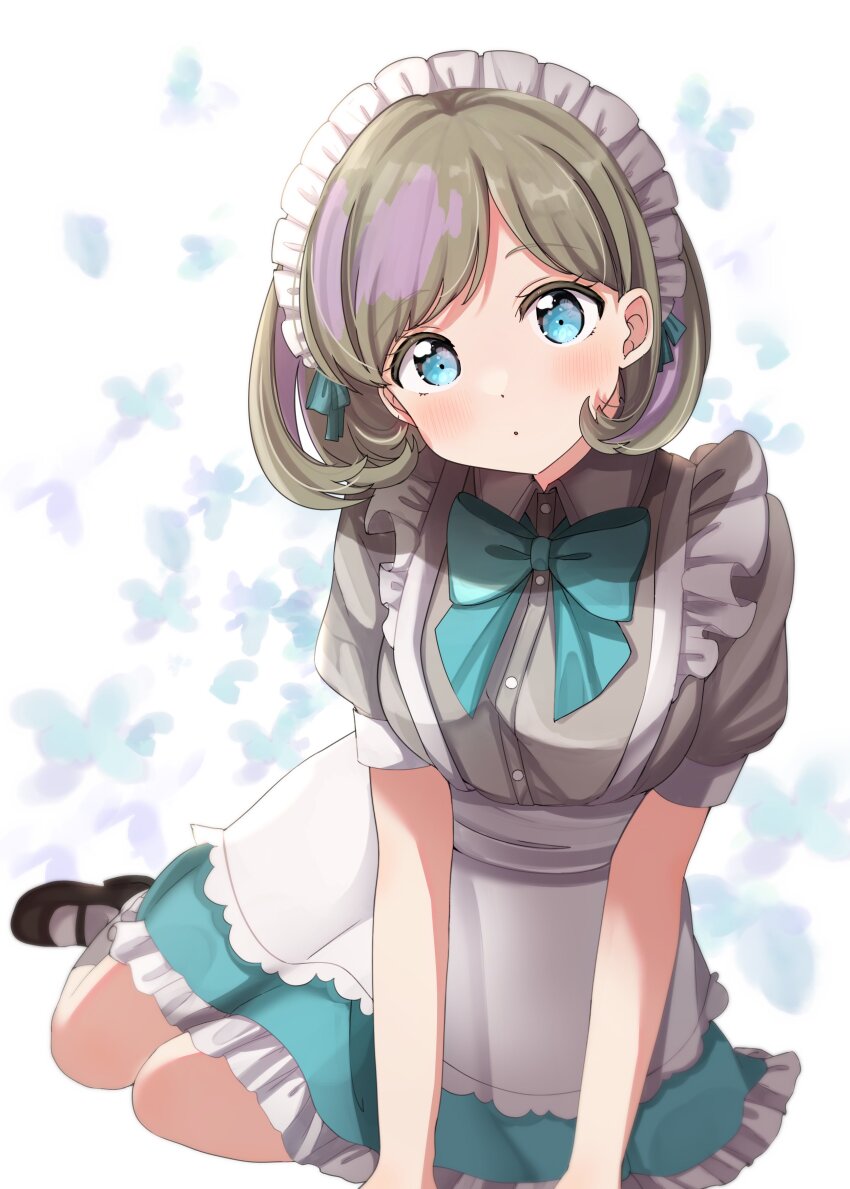 1girl :o absurdres alternate_costume apron black_shoes blue_bow blue_eyes blue_skirt blush bow breasts brown_hair collared_shirt enmaided grey_shirt highres looking_at_viewer love_live! love_live!_superstar!! maid maid_apron maid_headdress medium_breasts multicolored_hair nyako_(utaneko31) purple_hair shirt shoes short_hair sitting skirt solo streaked_hair tang_keke
