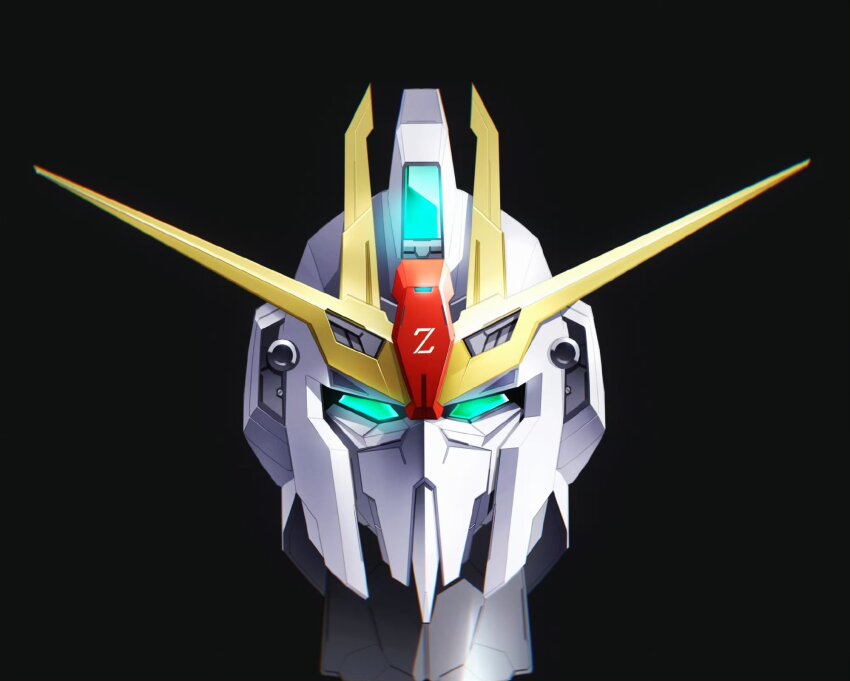 black_background commentary_request glowing glowing_eyes green_eyes gundam head_only highres looking_at_viewer mecha mobile_suit mosiaz328 no_humans robot science_fiction simple_background v-fin zeta_gundam zeta_gundam_(mobile_suit)