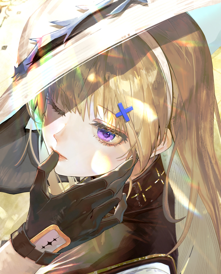 1boy 1girl absurdres black_collar black_gloves blonde_hair closed_mouth collar commentary_request finger_to_another&#039;s_mouth gloves hair_ornament hat highres jin_sumire long_hair looking_at_another male_rover_(wuthering_waves) one_eye_closed phoebe_(wuthering_waves) portrait purple_eyes revision rover_(wuthering_waves) solo_focus tacet_mark_(wuthering_waves) white_hat wuthering_waves x_hair_ornament