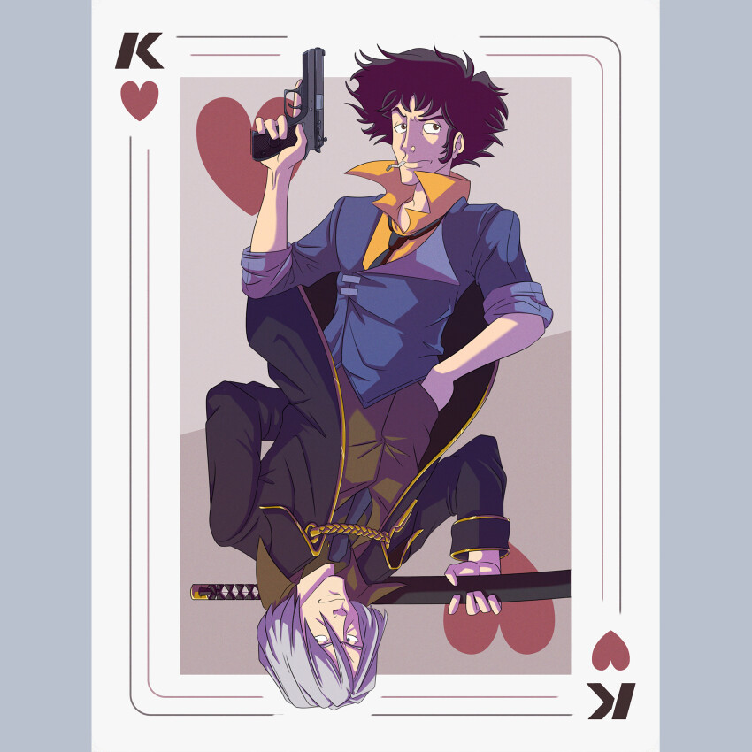 2boys black_hair black_necktie card_(medium) cigarette closed_mouth concept_art cowboy_bebop drawitbeta formal_clothes grey_hair gun handgun heart highres holding holding_gun holding_sword holding_weapon looking_to_the_side male_focus multiple_boys necktie orange_shirt shirt short_hair spike_spiegel spiked_hair sword vicious_(cowboy_bebop) weapon