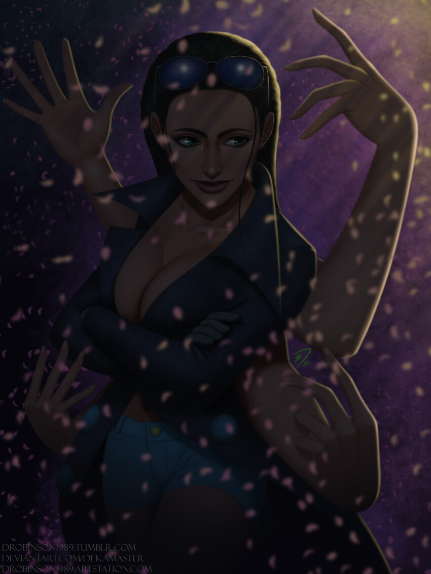 1girl absurdres black_hair breasts cleavage coat commentary crossed_arms drobinson1989 extra_arms eyewear_on_head gloves hair_slicked_back hana_hana_no_mi highres light_smile long_hair looking_to_the_side nico_robin one_piece one_piece_film:_gold petals purple_background smile solo