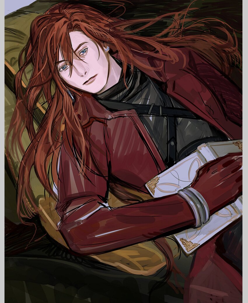 1boy black_shirt blue_eyes book bracelet brown_hair chest_harness closed_mouth coat collared_coat commentary couch crisis_core_final_fantasy_vii curtained_hair english_commentary final_fantasy final_fantasy_vii genesis_rhapsodos gloves harness highres jewelry long_hair lying male_focus newb_ff7r on_back open_book open_clothes open_coat parted_bangs pillarboxed red_coat red_gloves shirt solo turtleneck upper_body very_long_hair