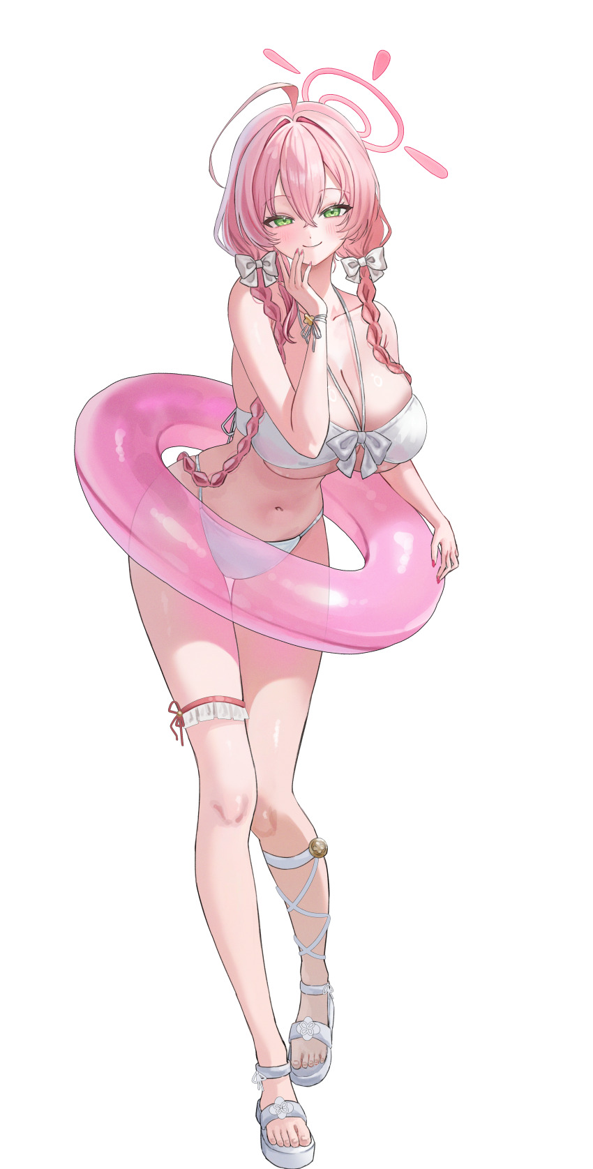 1girl absurdres ahoge alternate_costume alternate_hairstyle bikini blue_archive blush bow braid breasts cleavage closed_mouth commentary crossed_bangs english_commentary full_body green_eyes hair_between_eyes hair_bow hair_intakes halo hanako_(blue_archive) highres large_breasts long_hair looking_at_viewer low_twin_braids navel pink_hair pink_halo pink_innertube simple_background smile solo standing swim_ring swimsuit thigh_strap thighs toenails toes transparent_innertube twin_braids underboob white_bikini white_bow yamu_(yamu_030)