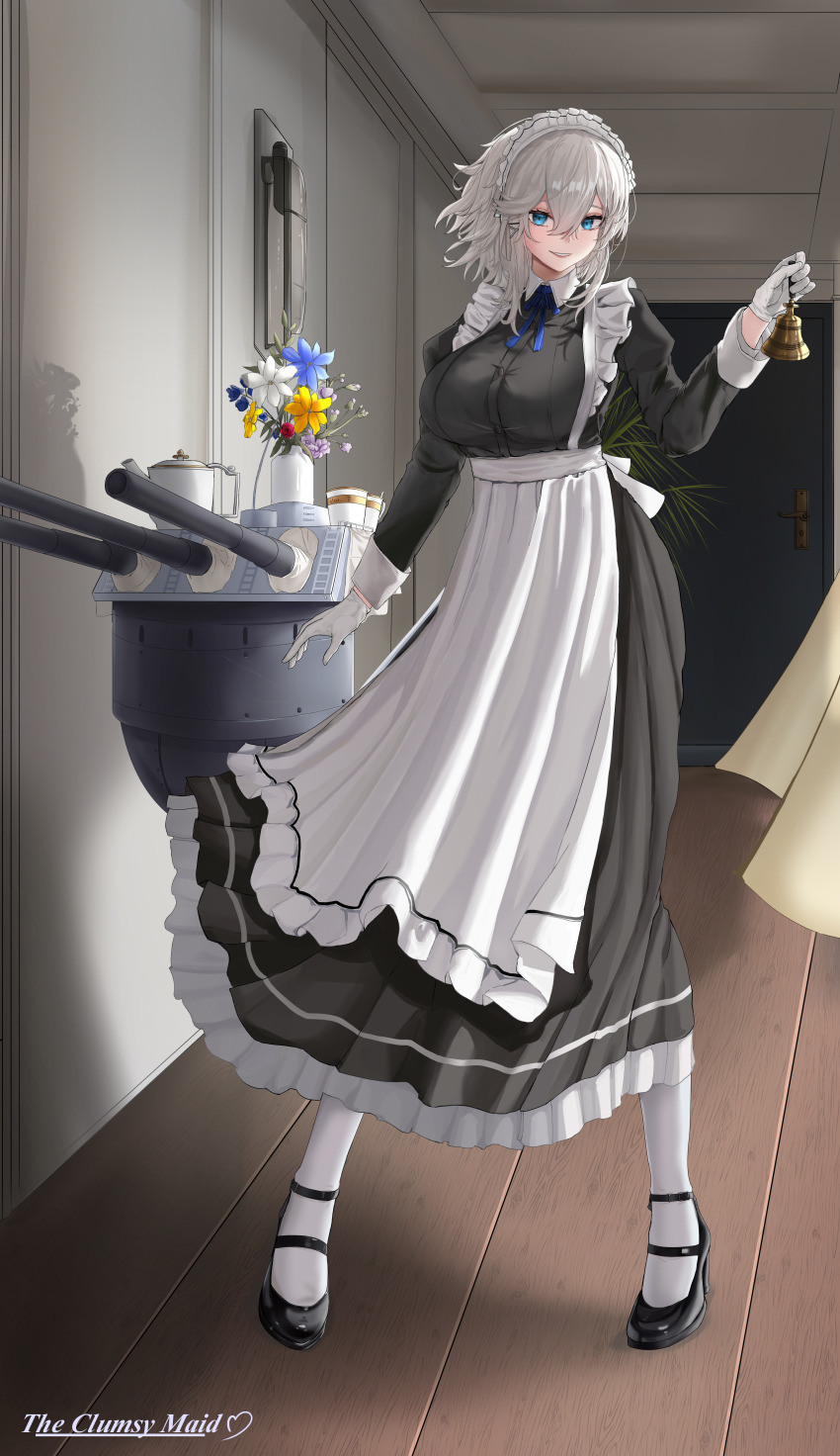1girl absurdres alternate_costume apron azur_lane azuristars bell black_dress black_shoes blue_eyes blue_ribbon blush bouquet breasts commentary commentary_request cup door dress english_commentary english_text enmaided floating_clothes flower frilled_apron frilled_dress frills full_body gloves grey_hair grin hair_between_eyes high_heels highres holding holding_bell indoors juliet_sleeves large_breasts long_sleeves looking_at_viewer maid maid_apron maid_headdress mary_janes mixed-language_commentary neck_ribbon open_mouth pantyhose plant puffy_sleeves ribbon shadow ship_turret shoes short_hair smile solo standing teacup teapot vase waist_apron washington_(azur_lane) white_apron white_gloves white_hair white_pantyhose wooden_floor