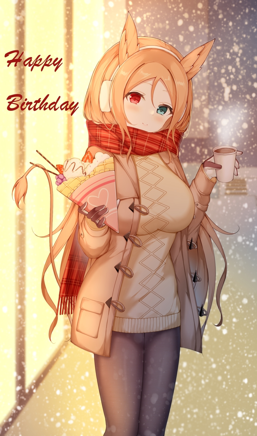 1girl absurdres alternate_costume animal_ears archetto_(arknights) arknights birthday black_pantyhose blue_eyes breasts brown_coat brown_gloves brown_hair brown_sweater closed_mouth coat coffee crepe cropped_legs cup disposable_coffee_cup disposable_cup duffel_coat earmuffs enpera food fruit gloves hair_between_eyes happy_birthday head_tilt heterochromia highres holding holding_crepe holding_cup holding_food large_breasts long_hair long_sleeves looking_at_viewer mo_hai_qianyu_lai night open_clothes open_coat outdoors pantyhose plaid_clothes plaid_scarf red_eyes red_scarf scarf smile snowing solo strawberry sweater tail winter
