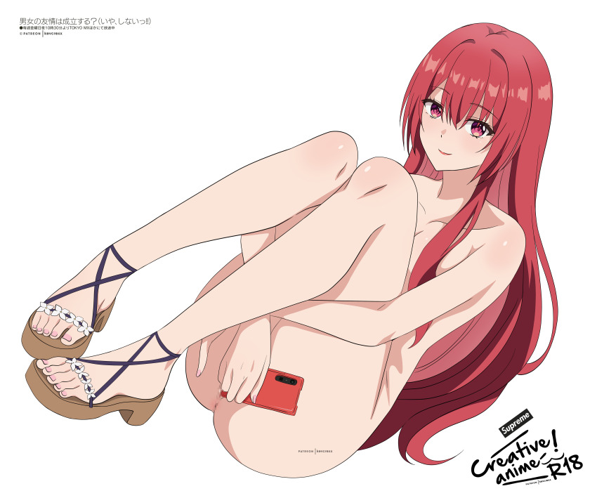 1girl absurdres anus bare_shoulders blush breasts censored commentary convenient_censoring danjo_no_yuujou_wa_seiritsu_suru? english_commentary enomoto_kureha highres holding holding_phone kevcrexx long_hair looking_at_viewer mosaic_censoring nude phone pussy pussy_peek red_eyes red_hair sandals simple_background smile solo white_background