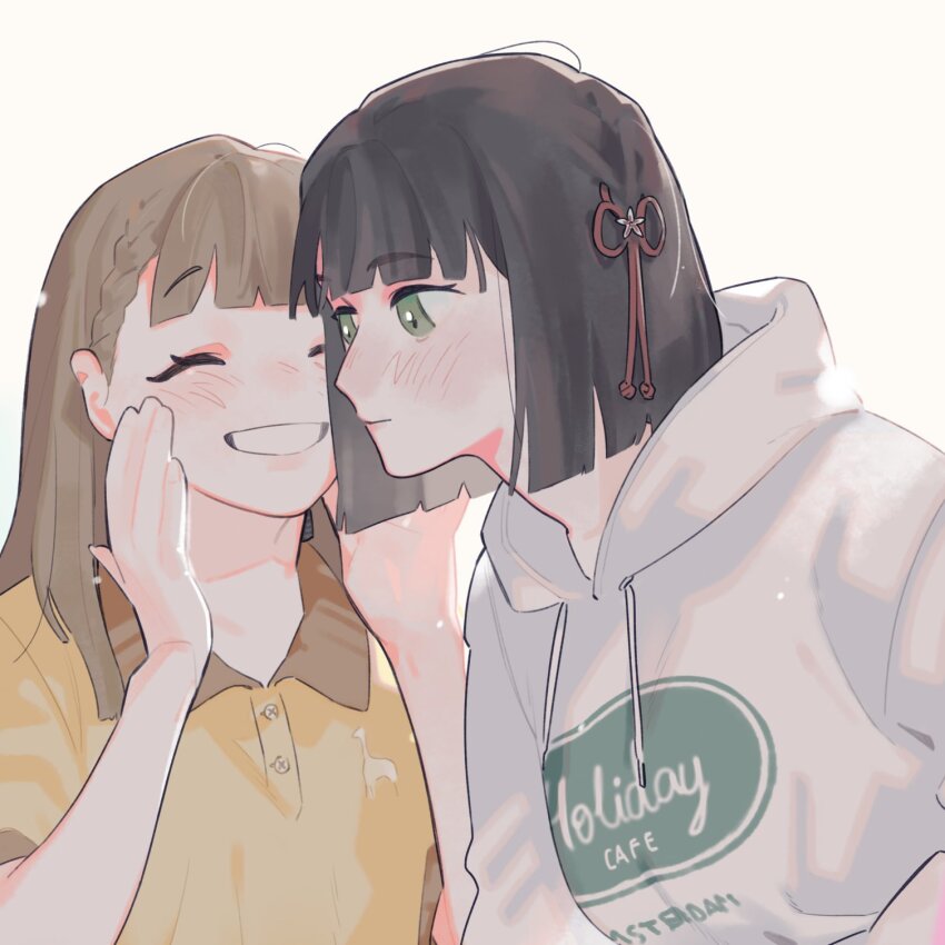 2girls ^_^ black_hair blunt_bangs blunt_ends blush braid breasts brown_hair center-flap_bangs closed_eyes closed_mouth clothes_writing collared_shirt commentary flower flower_knot grin hair_flower hair_ornament hands_up highres hood hoodie kachimachi_kosuzu kachimachi_kosuzu_(summer_training_wear) link!_like!_love_live! long_hair long_sleeves looking_at_another love_live! medium_breasts momose_ginko momose_ginko_(summer_training_wear) multiple_girls pipi_(m1x_mix) polo_shirt shirt short_hair short_sleeves side_braid simple_background smile upper_body virtual_youtuber whispering white_background white_hoodie yellow_shirt yuri